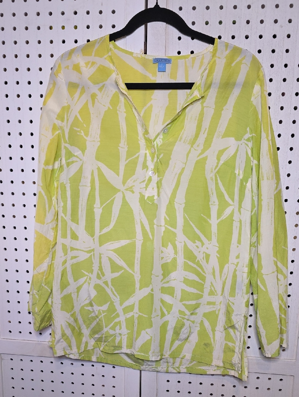 J. McLaughlin Lime Green and White Bamboo-Print Tunic Top Small Silk Blend